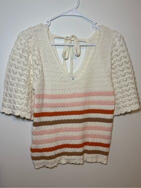 Another Love Cream V-Neck Cotton Sweater with Pink and Rust Stripes
